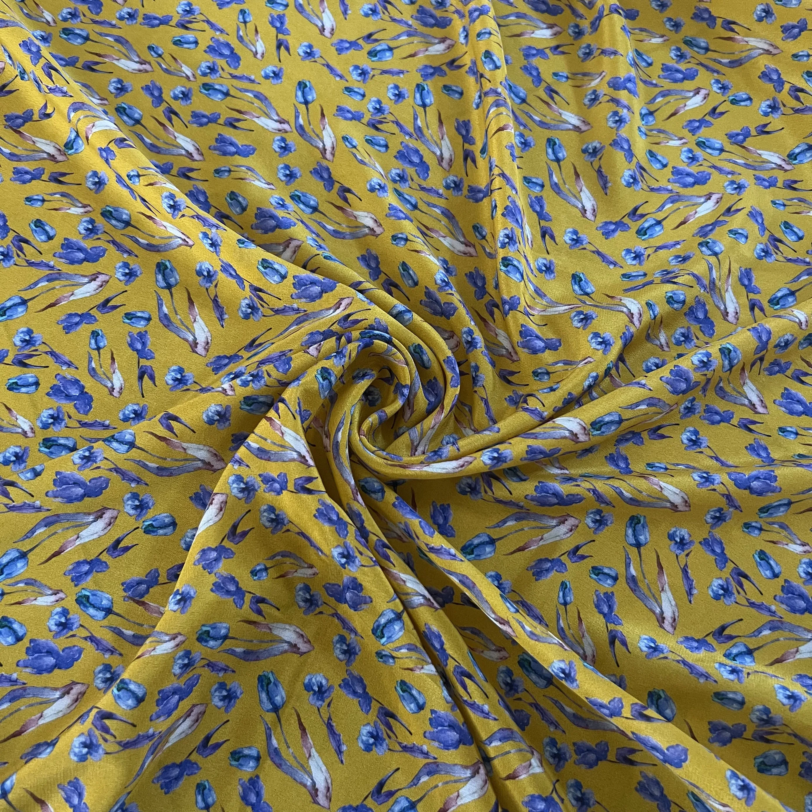 

1 meter 100% Mulberry Silk 15 momme Crepe Silk Fabric Yellow Blue Floral Printed 138cm 54" wide by the yard XX163