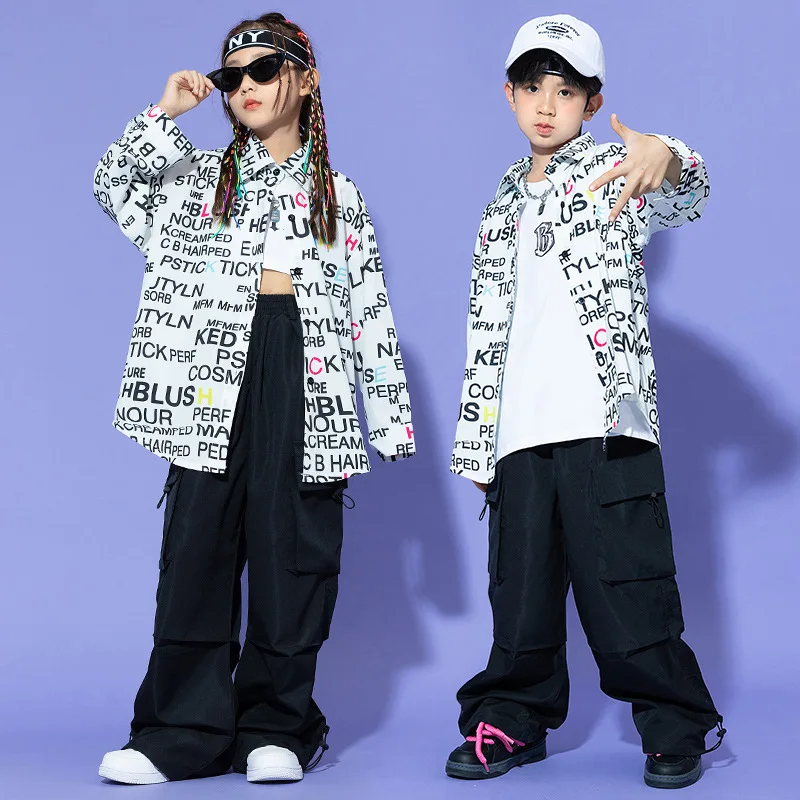 

Kid Hip Hop Clothing Letters Print Shirt Top Black Casual Wide Pockets Baggy Cargo Pants for Girl Boy Jazz Dance Costume Clothes