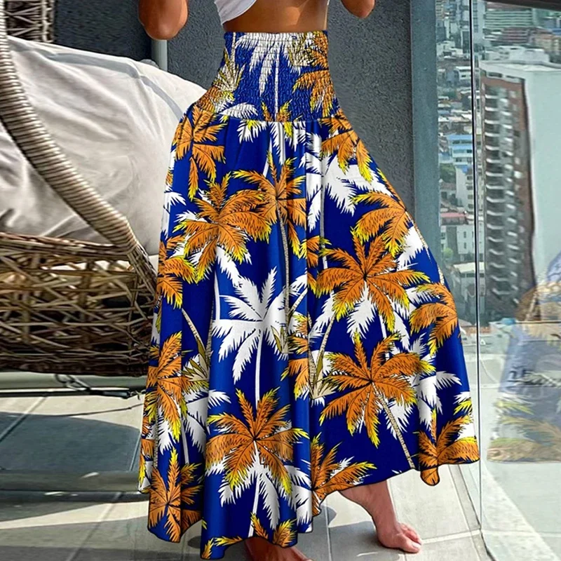 

2024 Spring Summer High Waist Slim Fit Long Skirts Retro Pattern Print Loose Pleated Skirt for Women Holidays Beach A-Line Skirt