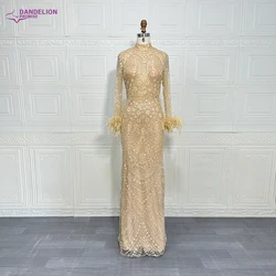 Elegant High Neck 2024 Muslim Women Wedding Party Dubai Gowns Luxury Beaded Feathers Mermaid Long Evening Dresses