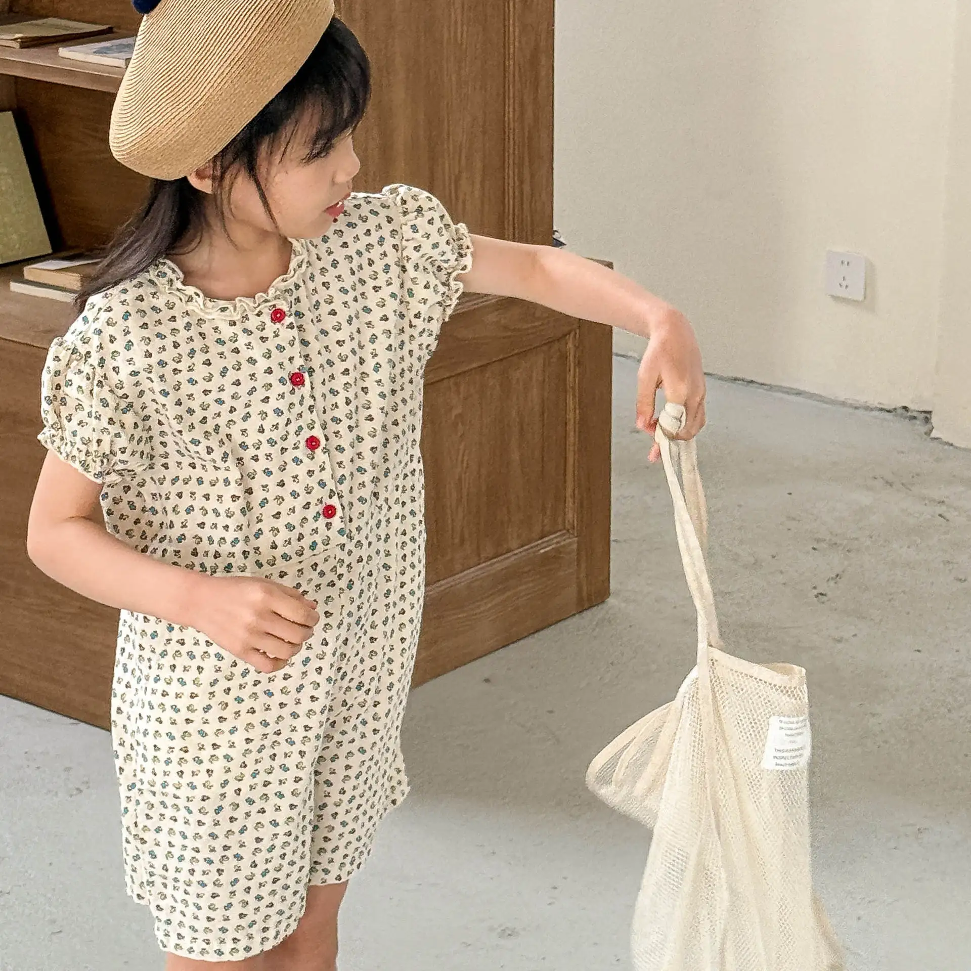 2026 New Summer Baby Girls Printed Jumpsuits Short Sleeve Korean Style Ruched Children Cute Bodysuits Kids Pants