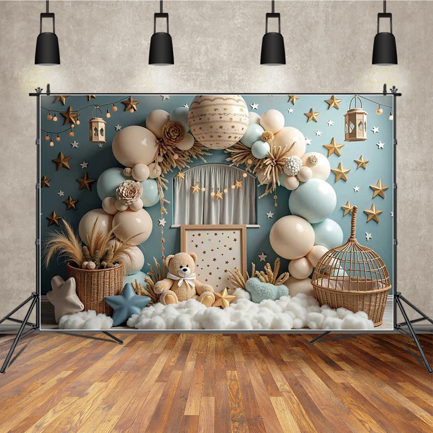 

MOON.QG Baby Newborn Birthday Items Background Photography Teddy Bear Arch Balloon Star Photocall Backdrop Children Studio Sets