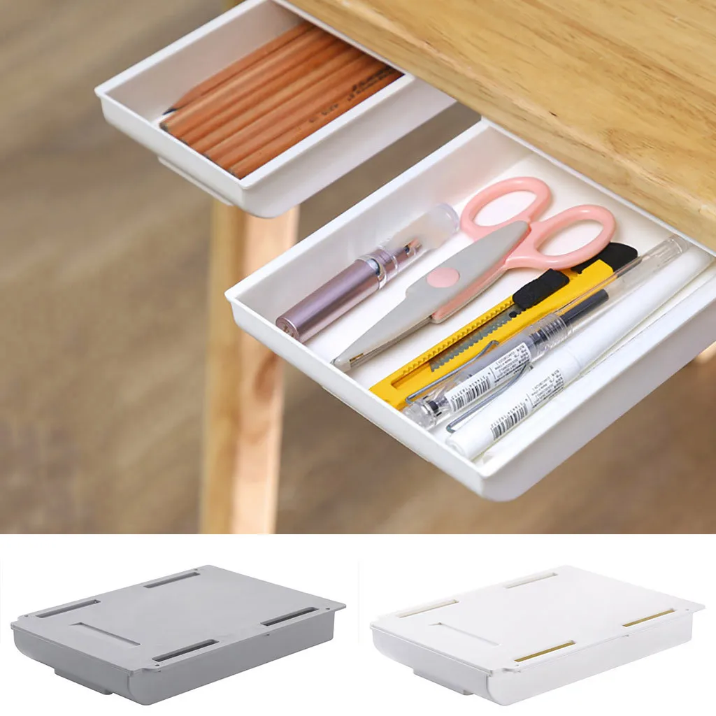 Self Stick Pencil Tray Desk Table Storage Drawer Organizer Box Under Desk Stand Self-Adhesive Under-Drawer Storage