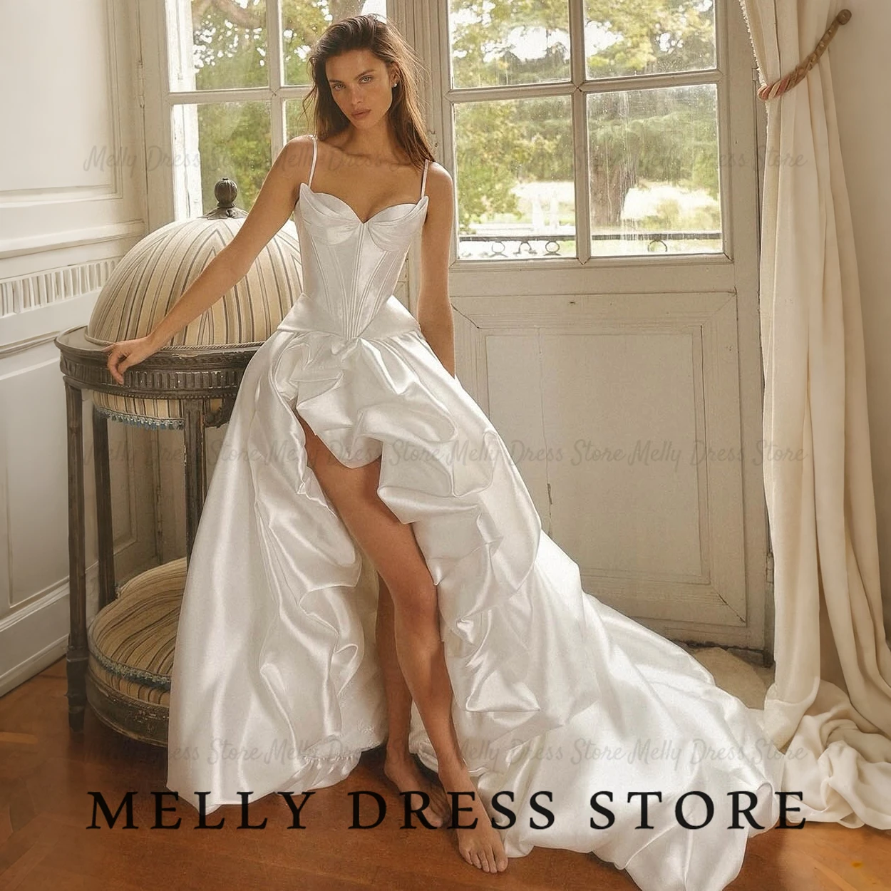 Melly Wedding Dress Sexy Sweetheart Spaghetti Straps Satin amanda novias oficial High Slit Ruffledt Hi-Lo Bridal Gown Customized