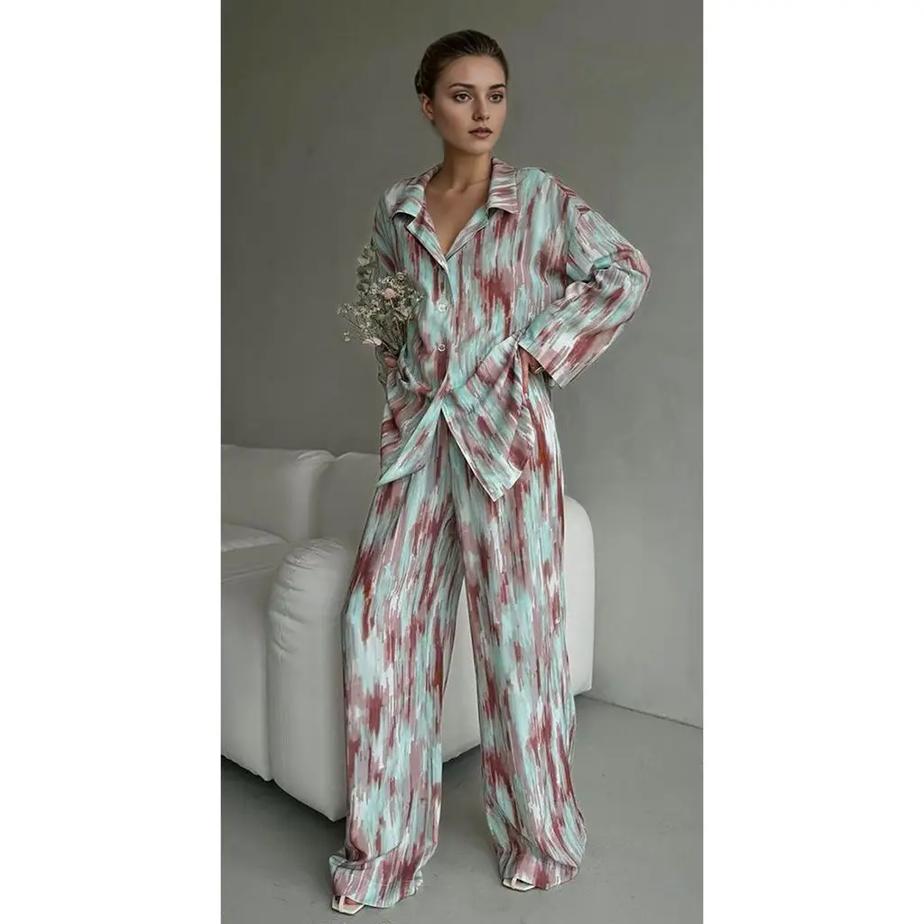 HEZIOWYUN Womens Y2K Vintage 2Piece Tie-dye Color Pajama Sets Lapel Collar Button-down Shirt Tops+Elastic Waist Pants Loungewear