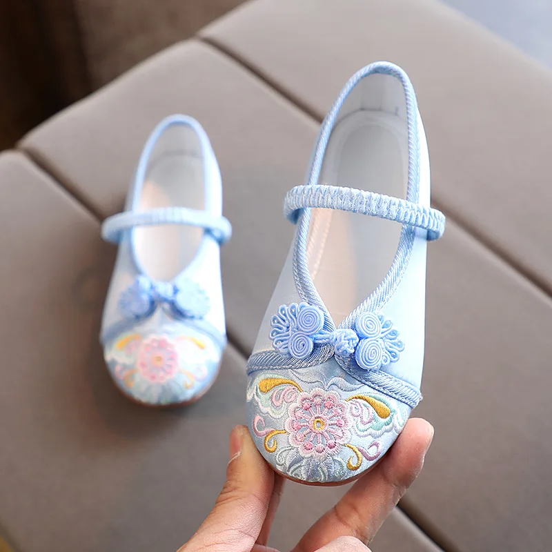 New Handmade Embroidery Kids Shoes Chinese Style Cloth Surface Shoes for Girls Elegant Traditional Flower Pattern Hanfu Shoes