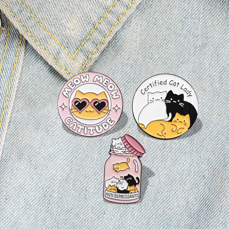 ANTI Depression Pines Lapel Badges Animal Jewelry Gift for Cat Lovers Certified Cat Lady Enamel  Brooch Custom Cats