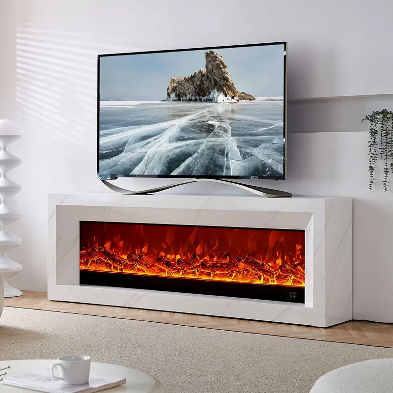 French Electronic Fireplace TV Stand Simple Imitation Marble Realistic Flame Heating MDF Wooden Panel for Villa Living Room