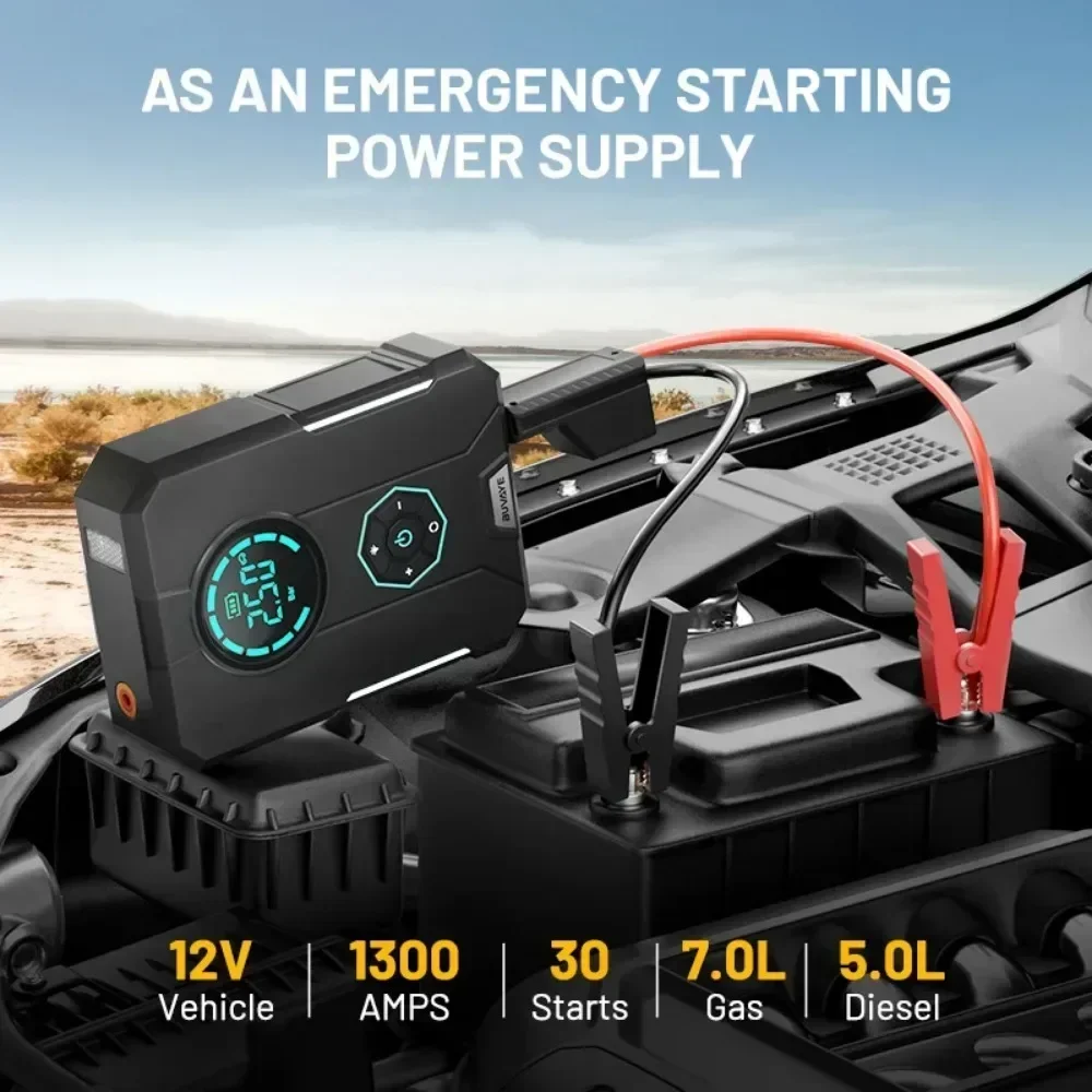 BUVAYE-Car Jump Starter Air Pump, 150PSI Air Compressor Power Bank, 2000A Cars Battery Starting Auto Inflatable Pump