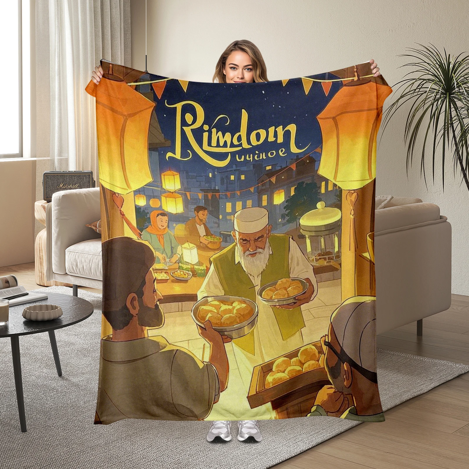 

Childrens Blanket Showcasing Cartoon Characters Celebrating Mid East Ramadan Festival With Traditional Foods