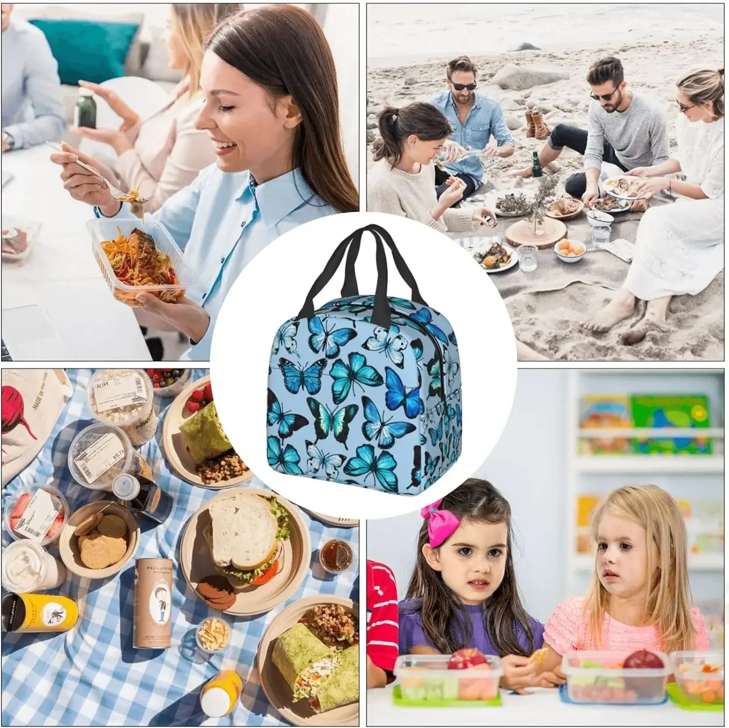 Blue Butterfly Insulated Lunch Bag Reusable Lunch Box Waterproof Women Lunch Tote Bag for Office Work School Picnic Beach