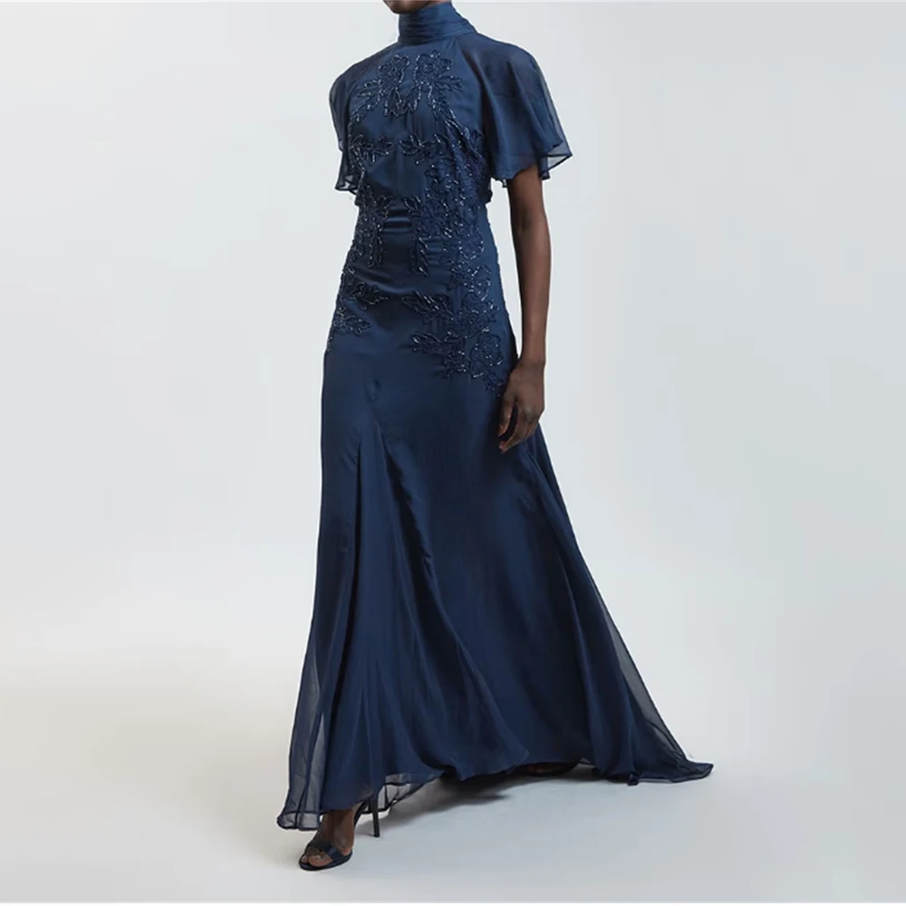 Lace Applique Evening Dresses Luxury Women's Formal Evening Gowns Short Sleeve A Line Prom Dress Elegant Party Long Formal Gown