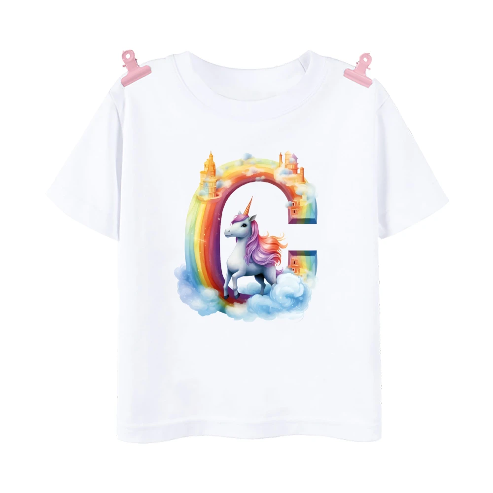 Unicorn Rainbow Initial A-Z Printed Kids Shirt Child Summer T-shirt Boys Girls Short Sleeve Tops Clothes Cute Toddles Outfit Tee