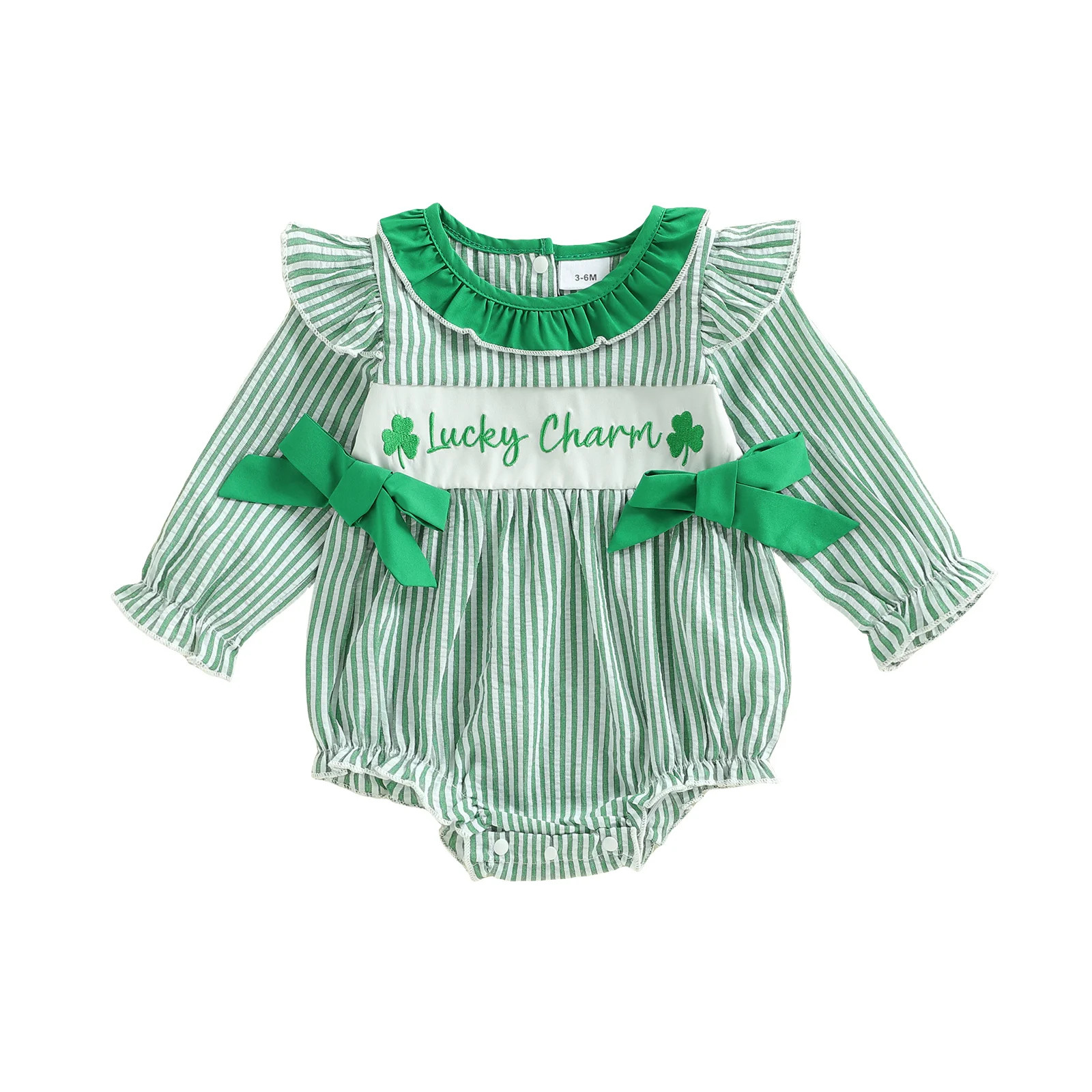 

Baby Girl Spring Romper Loose Fit Shamrock Letter Embroidered Striped Bows Doll Collar Long Sleeve Infant Jumpsuit