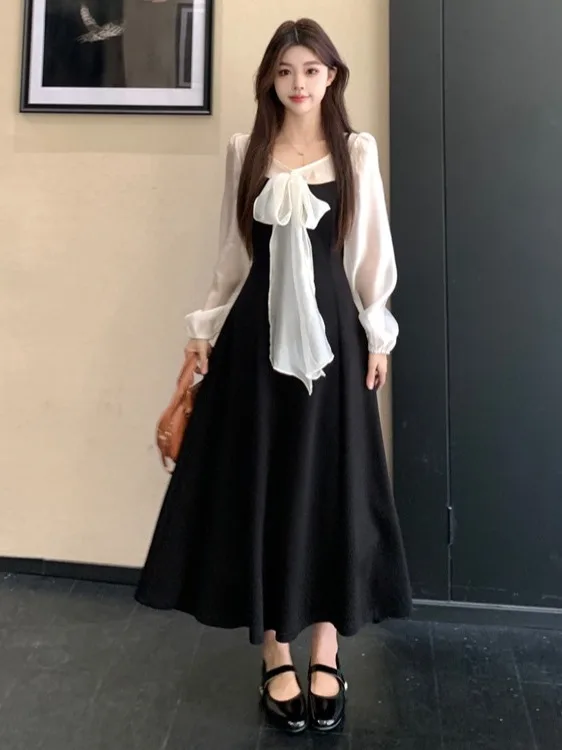 

plus Size Slimming Belted Patchwork Dress Elegant Black Midi Korean Style A-Line Skirt Long Sleeve V-Neck Commute Autumn Fashion