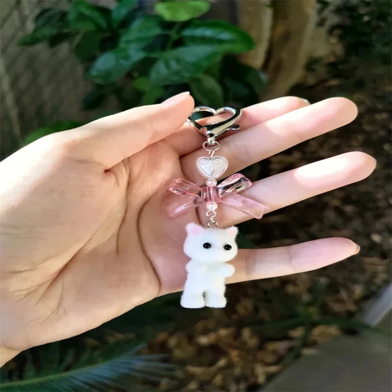 Bonito difuso Kitty coração arco Keychain, Arco rosa kawaii, Coração pérola