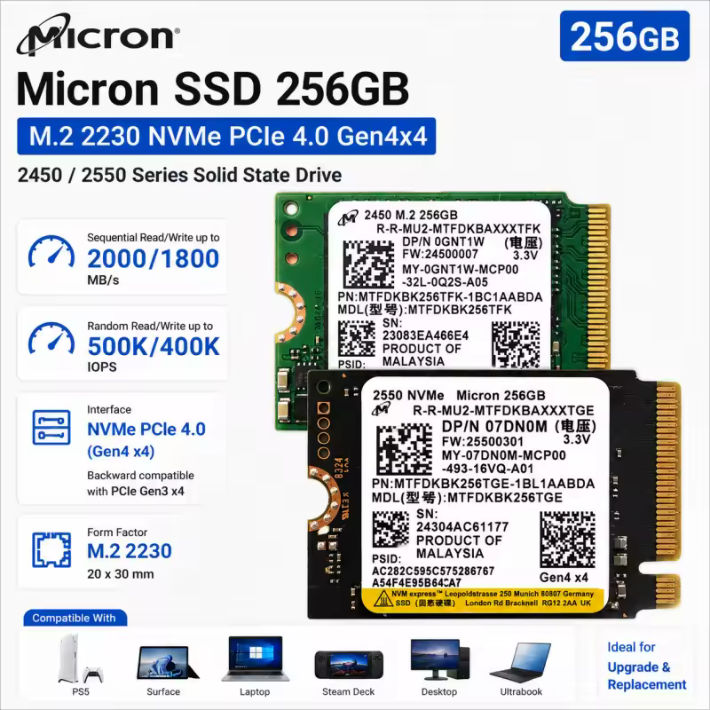 Crucial Micron 2450/2550 Series 256GB PCIe 4.0 NVMe M.2 2230 SSD עבור PS5 Dell HP Lenovo Laptop Desktop Ultrabook Surface Steam