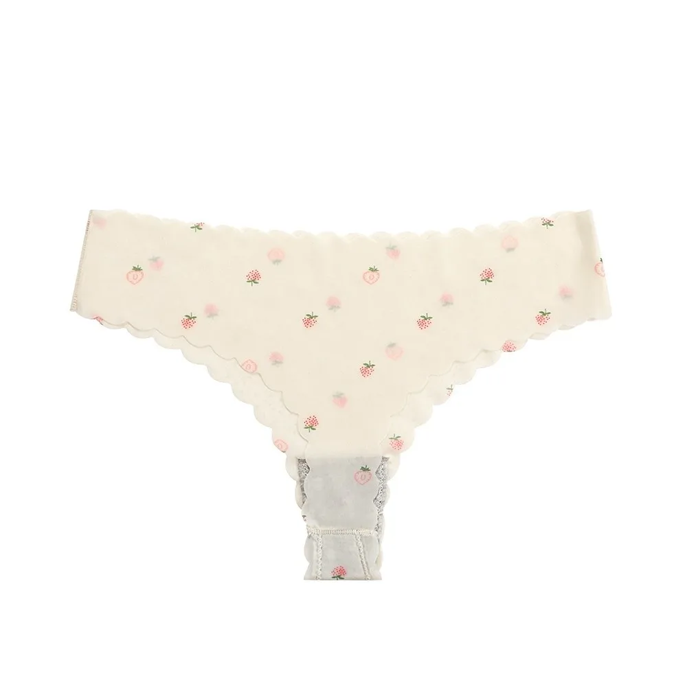 Comfortable Soft Ice Silk Thongs Traceless Underpants Peach Printed Briefs Thin Lingerie T-back Panties Daily Wear