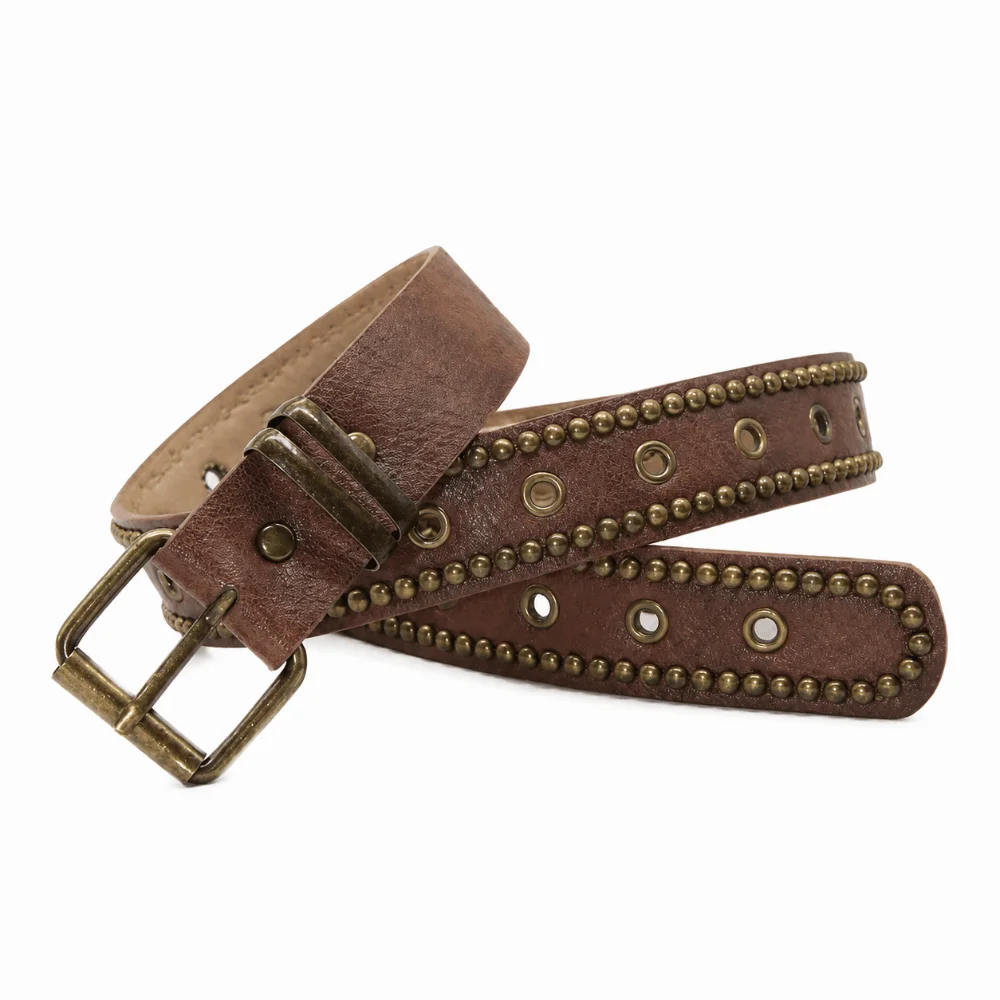 Rivet Studded PU Leather Belt Multi Hole Antique Bronze Pin Buckle Studded Leather Belt Distressed Brown Adjustable Retro Belt