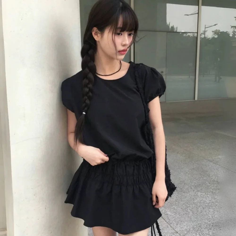 2026 Korean Chic Casual Slimming Elastic Drawstring Bubble Sleeve Dress Small Size Women's Summer Loose Fit A-Line Dress