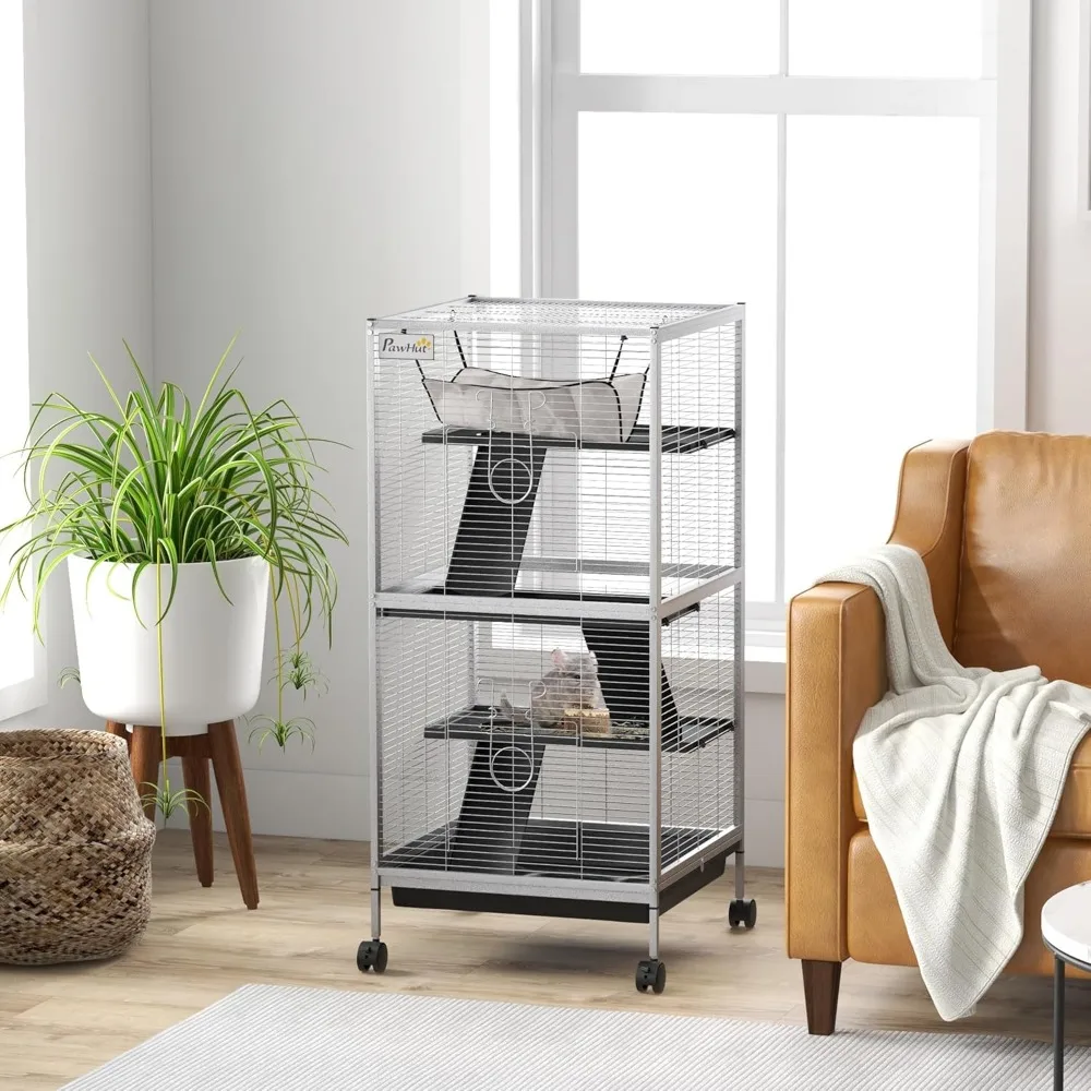 

Metal Rolling Small Animal Cage for Ferrets, Chinchillas & Sugar Gliders | 4-Tier Play Area, Hammock & Removable Tray Included