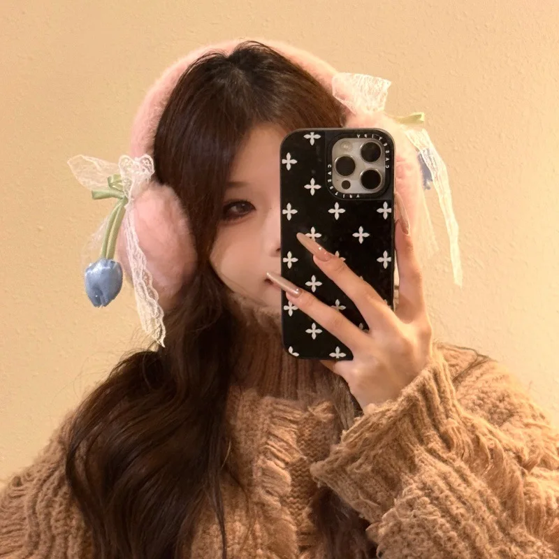 غطاء للأذنين للسيدات لطيف القوس توليب الحلو Kawaii Verstaile الشتاء أفخم سميكة الدافئة عالية الجودة الفاخرة العلامة التجارية سدادات حماية الأذن غطاء للأذنين #4