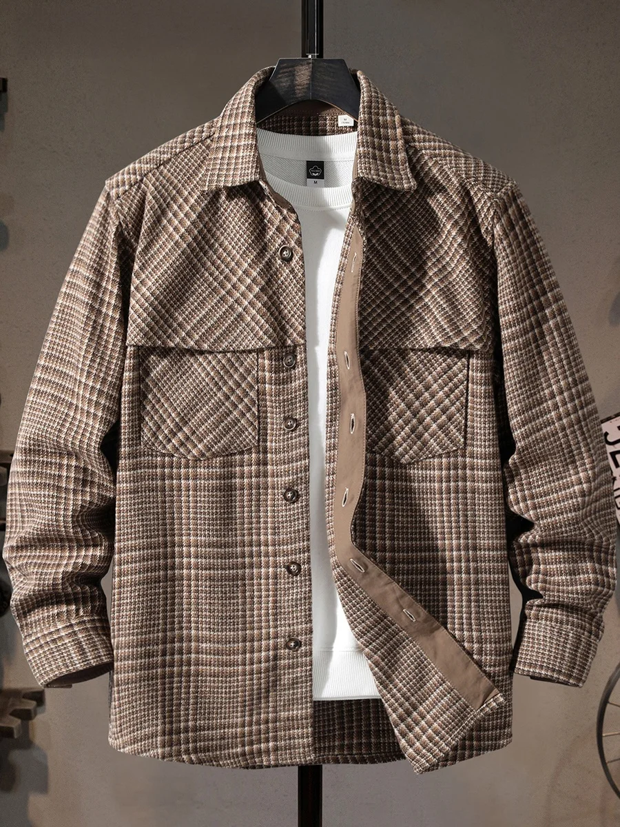 

Мужская повседневная куртка из плотной шерстяной ткани в клетку, фланелевая, из смесовой ткани, с длинными рукавами, молодежная, модная, в американском стиле, рабочая одежда