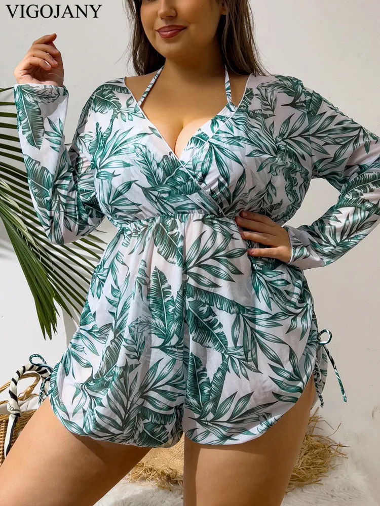 VigoJany 2025 Print 3-częściowy długi rękaw Smock Plus Size Bikini Set Kobiety Wysoka talia Duży strój kąpielowy Push UP Chubby Strój kąpielowy