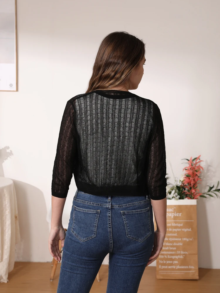 Knitted Ladies Sweaters Summer Cardigan Women Tops Cropped Knitwear Outerwear Cute Crochet Top Black Sweater Long Sleeve V-neck 6