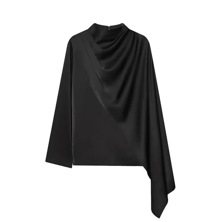

Women's Top Spring New Black Long-Sleeve Satin Asymmetrical Shoulder Decor Top Elegant and Stylish