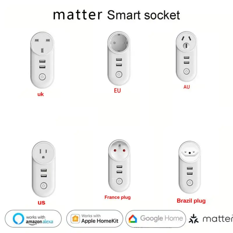 WiFi Matter Smart Plug EU US AU UK 16A 110V-240V Power Electrical Socket With 2 USB Ports With Apple Homekit Alexa Google Home