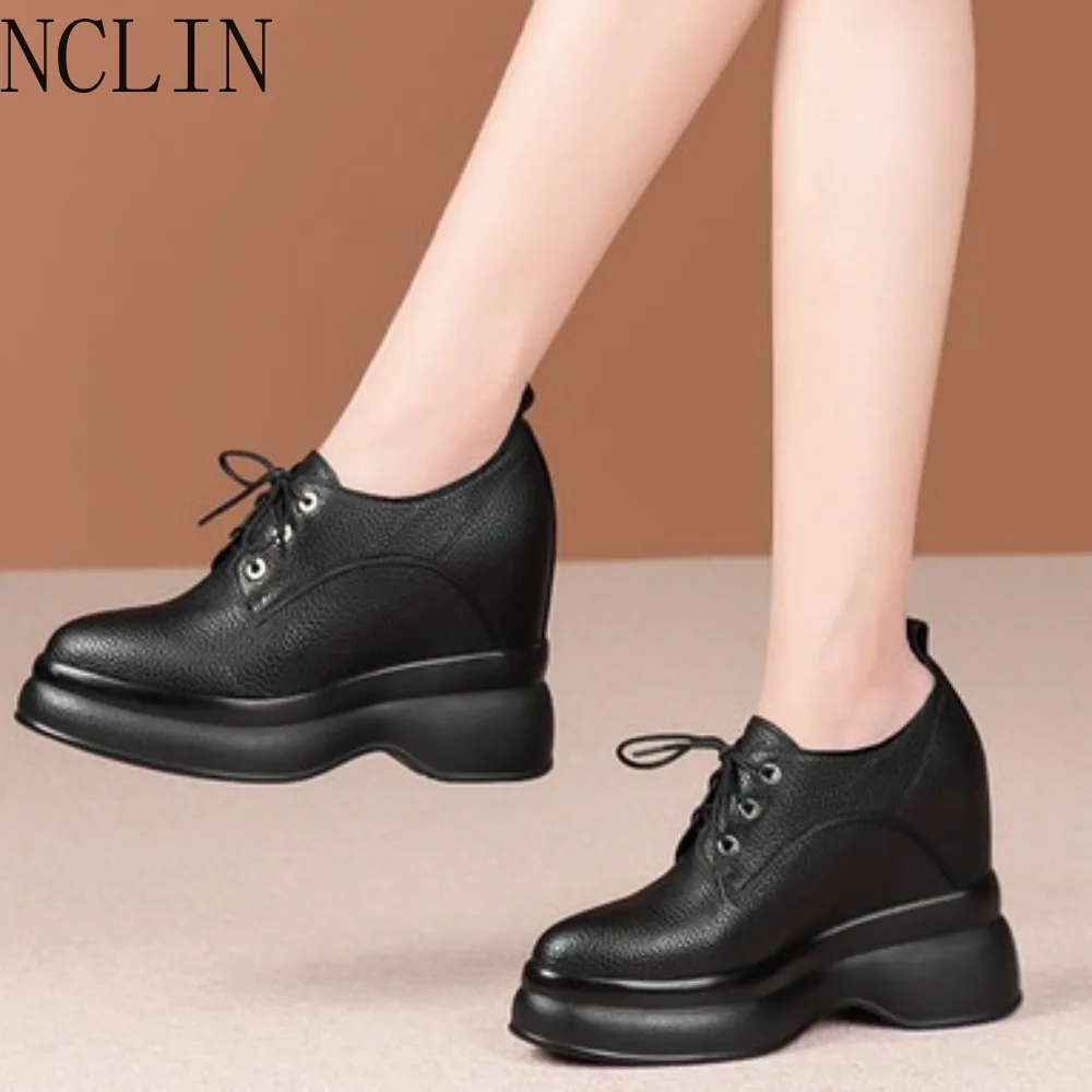 New Women's Casual Shoes Autumn Thick Soled Pointed Toe Comfortable Height-increasing Shoes Lace-up Genuine Leather Platform