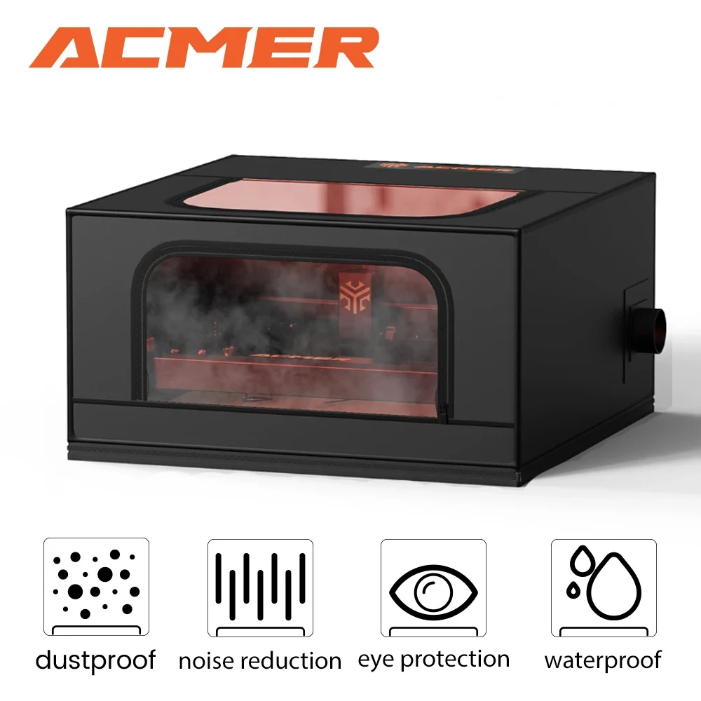 ACMER-R10 Laser Engraver Enclosure Fireproof Dustproof Smoke Protective Cover 700x700x350mm with Exhaust Fan and Pipe Fits