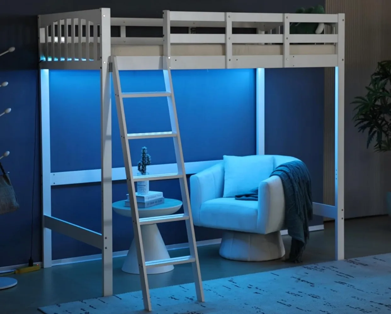 Loft Bed Twin Size with USB Charging Station/LED, Solid Wood Single Loft Bunk Bed with Flat Rungs for Kids/Teens/Adults