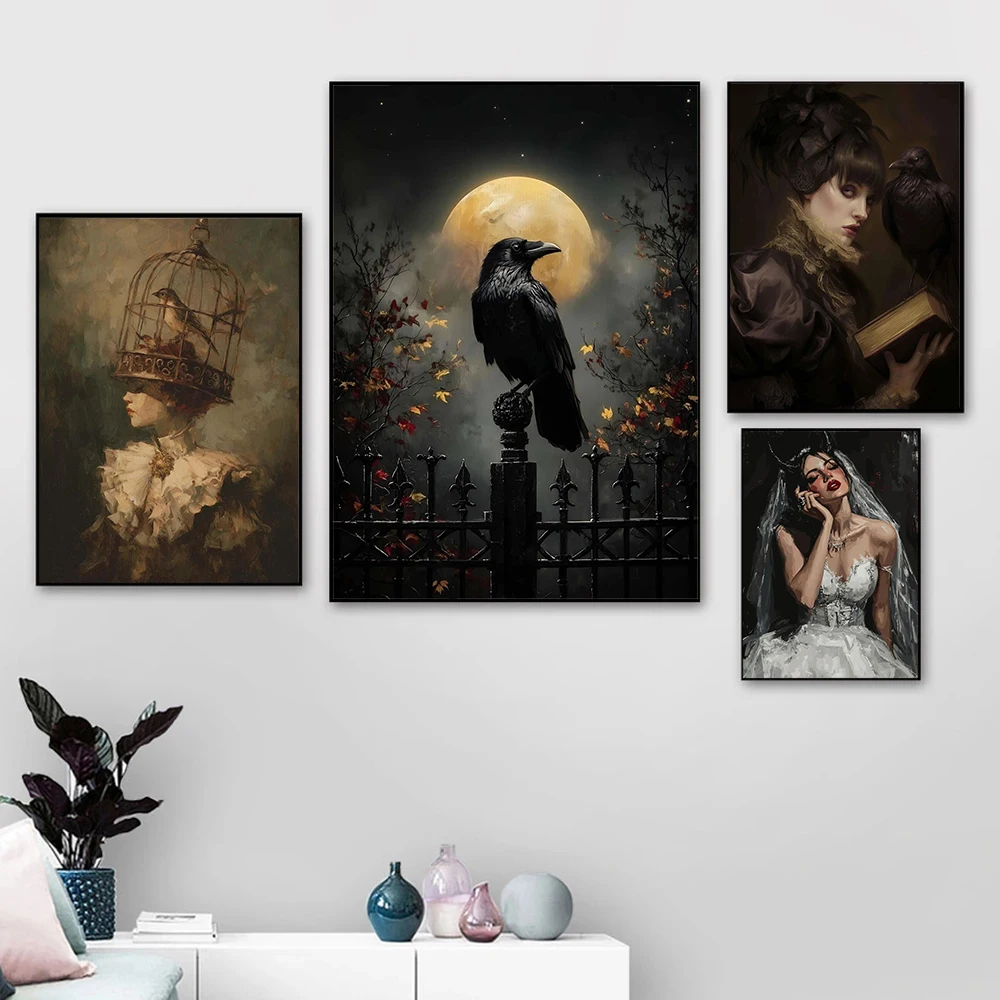 Dark Terror Retro Victorian Style Death Reaper Crow Vampire Ghost Portrait Poster Canvas Print Living Room Bedroom Wall Decor
