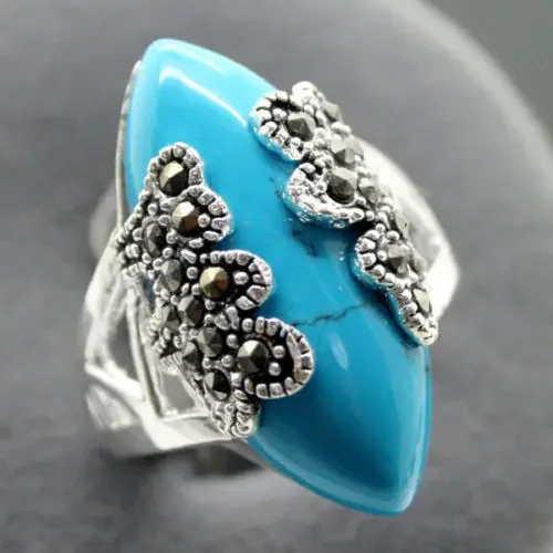 

Wholesale Rare Style Vintage Blue Stones and Marcasite Silver 925 Ring Size 7.8.9.10