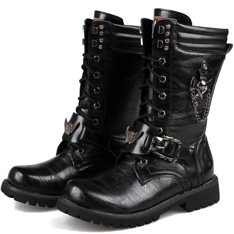 Men's Fashion Motorcycle Boots Mid-calf Breathable Combat Boots Gothic Belt Punk Boots Men's Sneakers High-top Casual Shoes