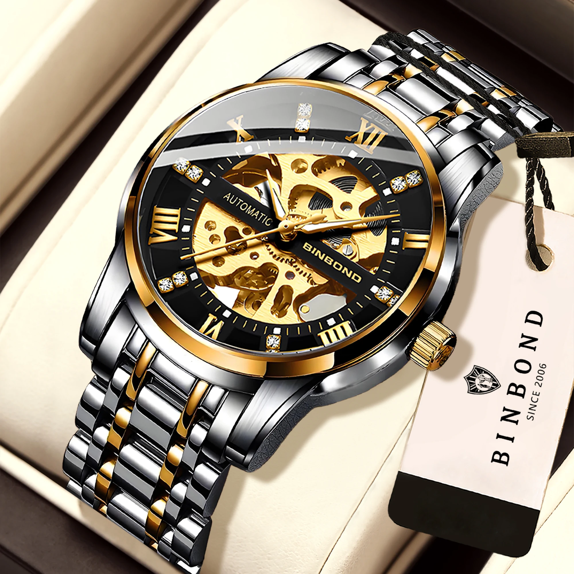 Montres mécaniques squelette BINBOND pour hommes, luxe, lumineuses, étanches, en acier inoxydable, automatiques, tourbillon.