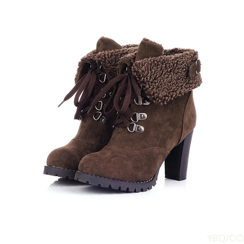 الشتاء موضة جديدة قصيرة أنبوب الأحذية النسائية الدافئة مع الكعب العالي كعب سميك الدانتيل يصل منصة مقاومة للماء أحذية نسائية قصيرة