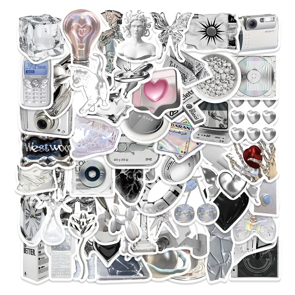 66pcs Advanced Silver Stickers Aesthetic Phone Bike Wall Scrapbook Motorcycle Waterproof Cartoon Sticker for Kids Toys Gifts