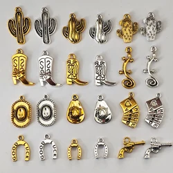 12PCS Mixed West Cowboy Charms Vintage Cowboy Hat Boots Cactus Lizard Revolver Horseshoe Poker Pendant Jewelry Making Accessory