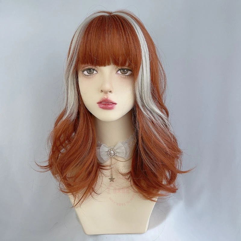 

Wig Female Long Curly Hair Pear Blossom Head Fashion Highlights Medium Long Clavicle Hair Orange Lolita Hair Band Dyed Finish Ha