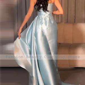 Luxus Nachtkleider für Frauen 2024 Sky Blue Satin Side Sace Säulenkleid Kleid Langer drapiert sauer Strassschick 8 Hauptverkäufe lange Partykleider mit Stein - №3