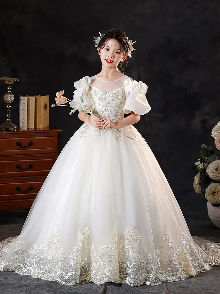 Custom Flower Girl Dress Wedding Party Dress First Christmas Gown Off Shoulder Puff Sleeve Lace Trailing Princess Pageant Dress