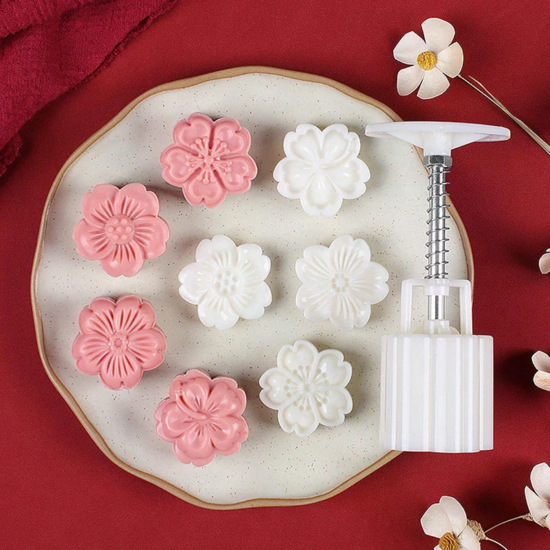 4Pcs/Set DIY Mid-Autumn Festival Cherry Blossom Mooncake Mold Flowers Sakura Pattern Stamps Hand Press Mold Plungers Pastry Tool