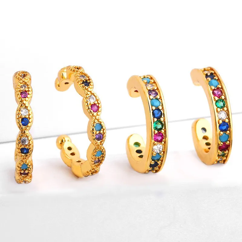 18K vergoldeter Regenbogen-Zirkon C-förmiger Ohrclip ohne Piercing, Kristall-Clip-Ohrringe, modischer Damenschmuck, Geschenk