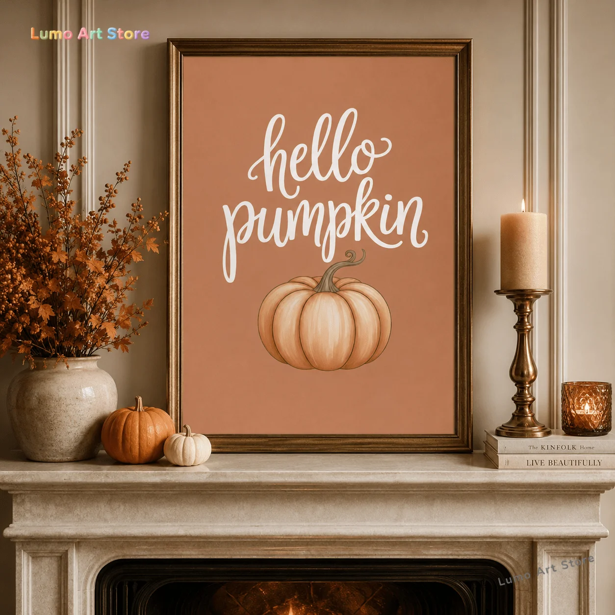 2D Flat, 2D Flat, 1pc Halloween Hello Pumpkin Cursive Font Pumpkin Warm Brown Frameless Canvas Painting, Bohemian Minimalist