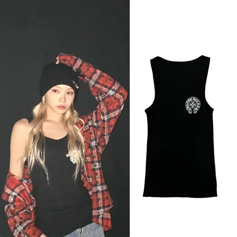 2025 New Summer Light Luxury Trend Brand Printed Cross Women's Sports Vest Cotton T-Shirt Threaded Cotton Vest Sleeveless Sling