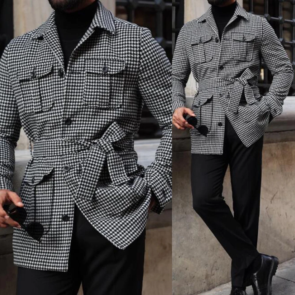 

Классический мужской костюм с узором «гусиные лапки», комплект из 2 предметов, куртка в стиле сафари с брюками, индивидуальные элегантные повседневные смокинги для деловых вечеринок, наряды