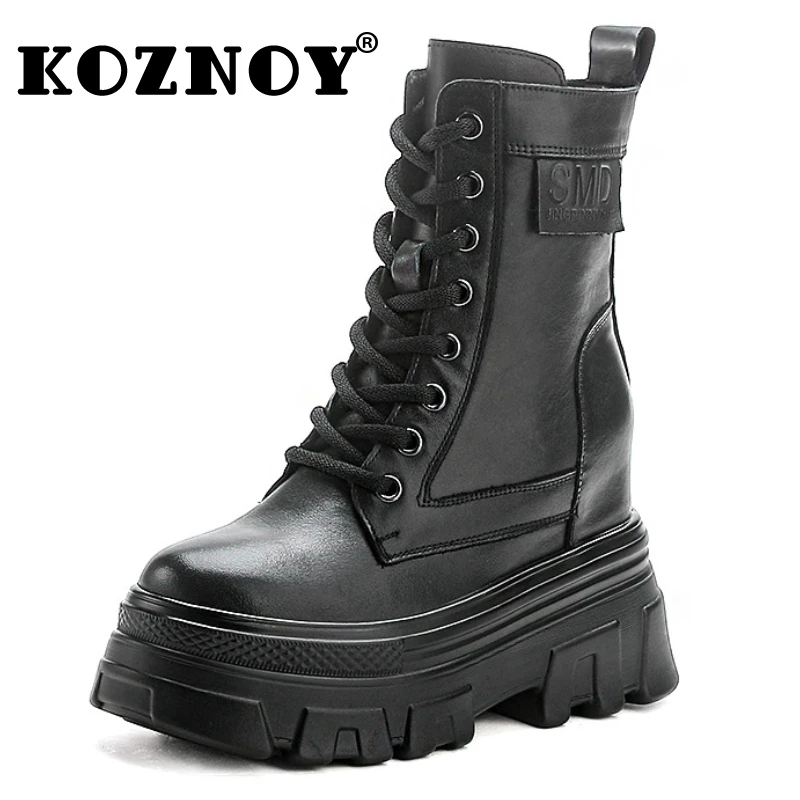 

Koznoy 10cm British Natural Cow Genuine Leather Ladies Ankle Booties PUNK Women Autumn Spring Fashion Flats Ankle Boots Shoes